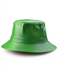 Fototapeta premium Vibrant green bucket hat casting soft shadow on white backdrop studio shot showcasing stylish headwear