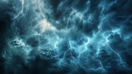Fototapeta premium Stormy Sky: A dark, turbulent sky lit by dramatic lightning, capturing the raw power and tension of a storm, adding a sense of drama and energy to the atmosphere. 