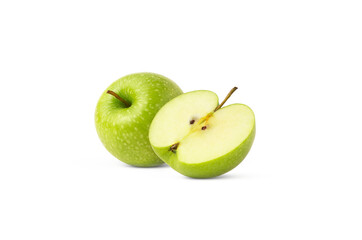 Green ripe apple and half isolated. Granny smith apple and slice.