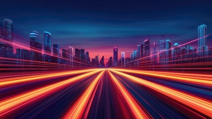 Fototapeta premium Motion blur city with digital panorama and futuristic technology concept. Dynamic cityscape with blurred lights showcasing urban movement.