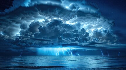 Storm Front: The leading edge of a storm cloud, illuminated by constant lightning, depicted in powerful visual media to convey the intensity and drama of a storm.
