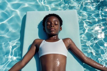 A woman wearing a white swimsuit relaxing in a blue pool, enjoying the sunshine and water.