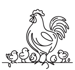 Continuous line art or One Line drawing of chicken for vector illustration, Rooster with chickens