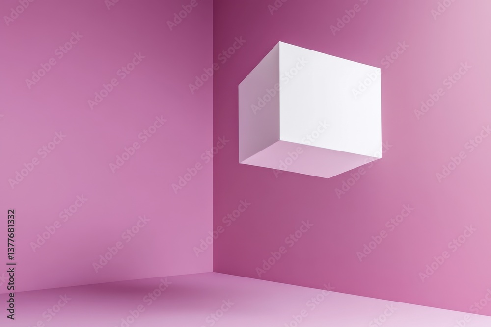 Aufkleber floating white cube in a pink room creating a modern and minimalist ambiance with contemporary desig