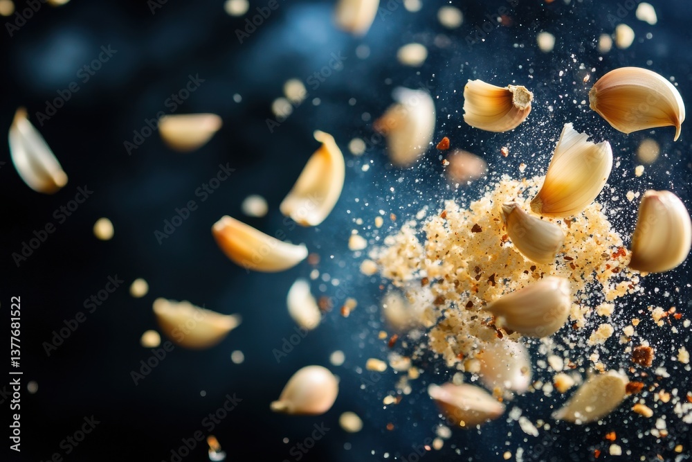 Poster Garlic cloves and garlic powder exploding in a culinary display against a dark background