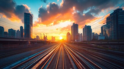 Fototapeta premium Bright sunset illuminates the skyline of a city, casting vibrant colors across the clouds. Railway tracks extend into the horizon, capturing the essence of urban life as day turns to night