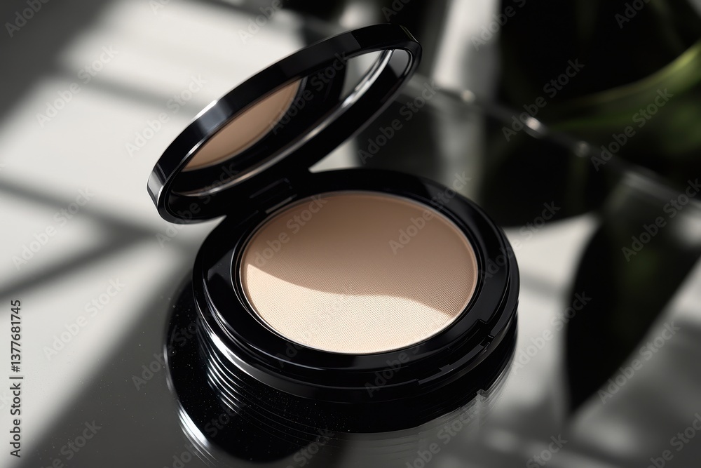 Aufkleber Compact foundation sits elegantly on a reflective surface with soft natural light illuminating its smooth texture and sleek design