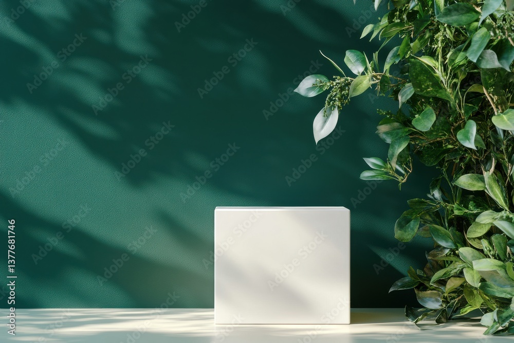Poster minimalist display featuring a white cube against a green wall with plants in a well-lit indoor sett