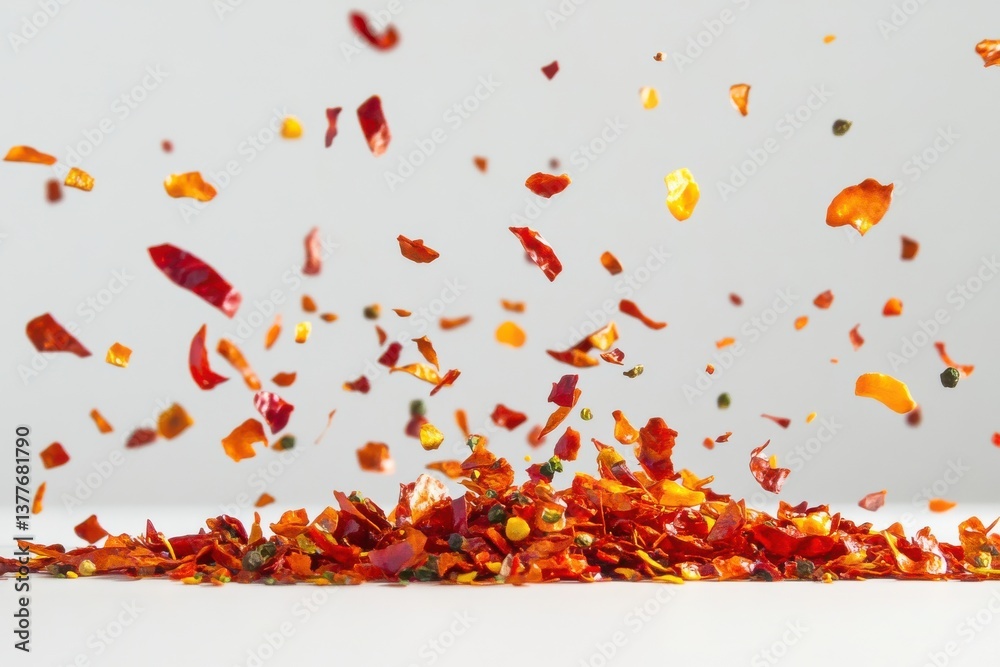 Poster Vibrant red chili flakes scattering on a white surface, creating a dynamic culinary display