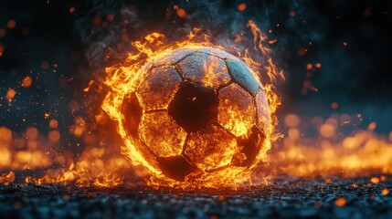 Fiery soccer ball ablaze in dynamic motion on dark background