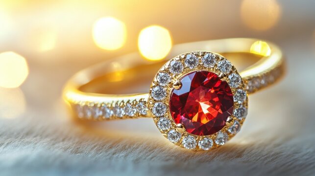 A stunning ruby ring with a central red gemstone surrounded by sparkling diamonds captures warm light, highlighting its exquisite design and elegance