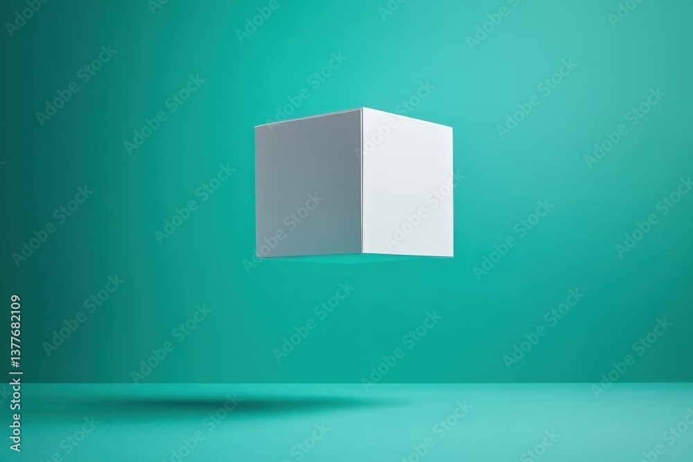 Poster Floating white cube casting a shadow against a vibrant teal background in a minimalist setup