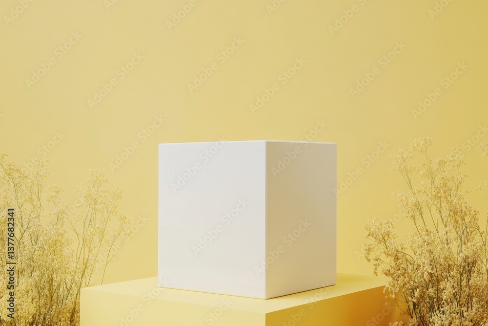 Poster minimalist white cube displayed on a yellow pedestal surrounded by delicate plants in a bright and c
