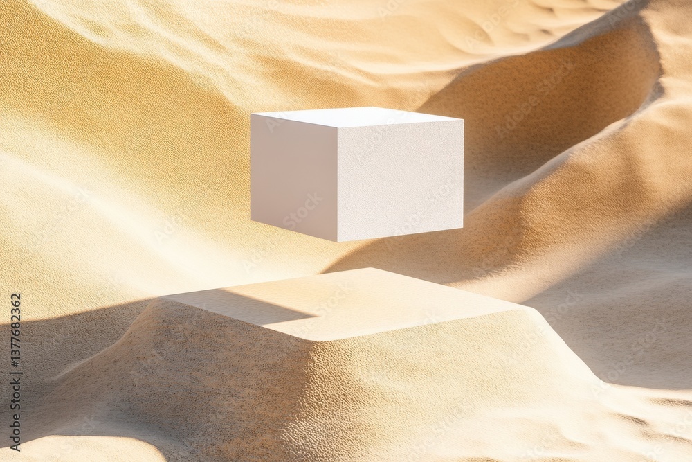 Poster Floating cube amidst sandy dunes creates a surreal and intriguing visual experience in a tranquil landscape