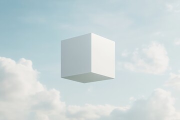 Floating white cube in a serene sky with soft clouds during daylight hours