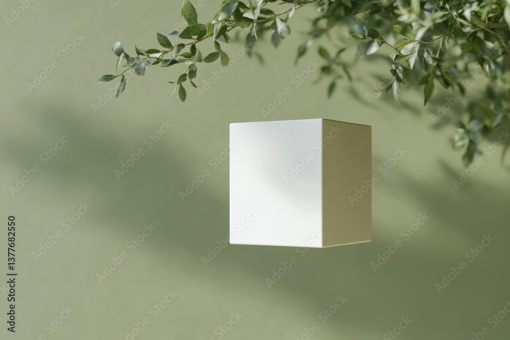 Poster Minimalist floating cube against a green backdrop with greenery, creating a serene visual effect