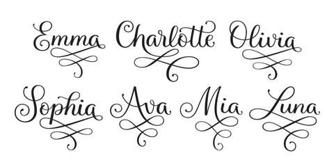 Set of hand-lettered girl’s names – Ava Mia Charlotte Sophia Luna Olivia Emma