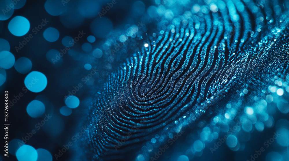 Poster close-up of a fingerprint texture, detailed lines and blue bokeh background, showcasing identity, se