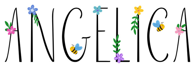 Angelica- black color with spring flowers and bees - name written - ideal for websites,, presentations, greetings, banners, cards, books, t-shirt, sweatshirt, prints, cricut, silhouette, sublimation	
