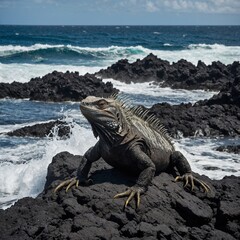 Marine iguana basking on black volcanic rocks with waves crashing behind.