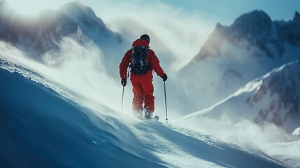 Male skier descends snowy mountain in red outfit under clear blue sky