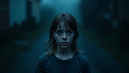  girl stands in a dark, hazy road.