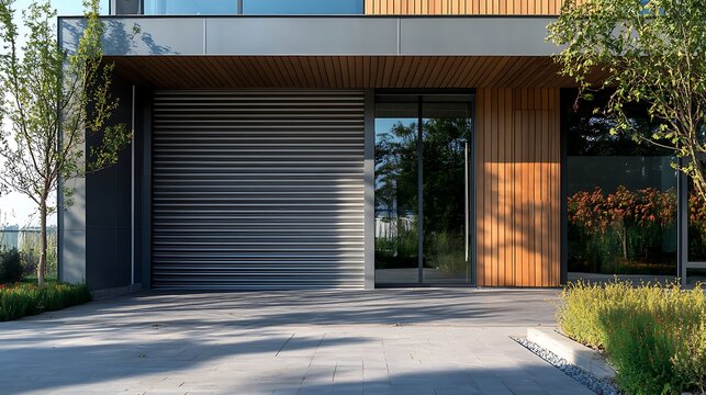 Modern Building Facade with Rolling Shutter, Wooden Panels and Glass Door and Plant