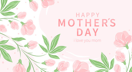 Mother's Day card, banner, poster, label, template or cover with flowers frame in pastel colors. Spring summer floral design. Vector illustration