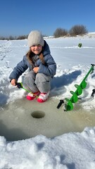 little girl playing in snow. winter fishing. winter fun