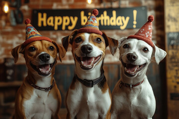 Trzy psy rasy Jack Russell terrier w czapeczkach i napis Happy Birthday © Silent26