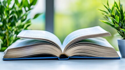 Open book with aged pages rests on a white surface, flanked by lush green plants in soft natural light. A tranquil scene suggesting reading, learning, or relaxation.