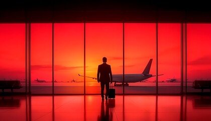 Fototapeta premium Businessman Airport Sunset Departure.