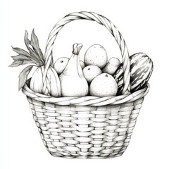 Fototapeta premium Hand-Drawn Basket Filled with Fresh Vegetables and Eggs: A Rustic Still Life Illustration Illustrating the Bounty of Nature and Farm Fresh Produce