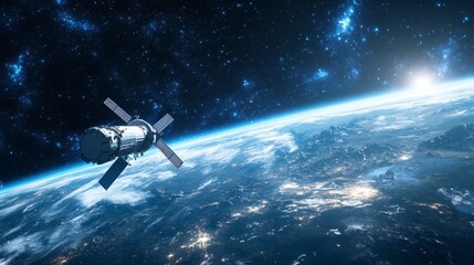 Obraz premium Pixel art spacecraft orbiting Earth, showcasing a vibrant sunrise and detailed planet surface. The dark space background is filled with stars and nebulae. City lights are visible on the planet.