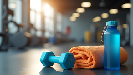 fitness and workout concept with dumbbells, bottle of water and towel on the floor, gym and training equipments background