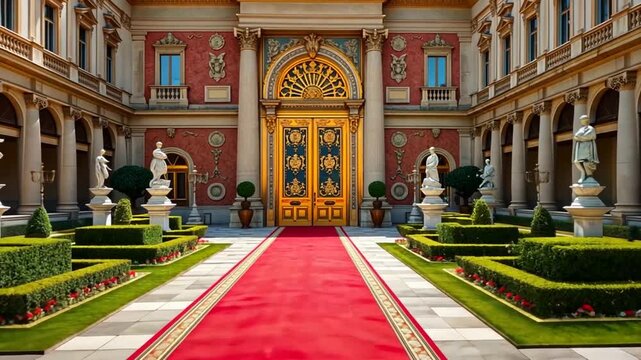 Opulent courtyard unveiling palatial grandeur a luxurious estate setting with red carpet and statues