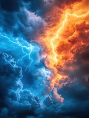 Dramatic Sky with Lightning Strikes in Blue and Orange Clouds Capturing the Power of Nature in Atmospheric Weather
