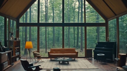 Tranquil living room with expansive forest views, mid-century modern furniture