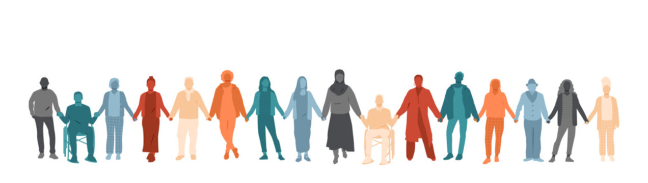 Different people standing and holding hands together.