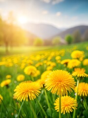 Fototapeta premium Field of Yellow Dandelions Glowing Under Sunset Light in Peaceful Spring Countryside Natural Blooming Wildflower Landscape