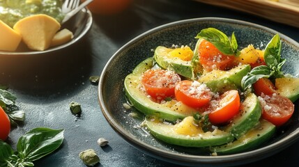 Indue in a healthy and delicious avocado and cherry tomato salad at a luxurious wellness retreat; perfect for a revitalizing and rejuvenating spa experience promoting holistic