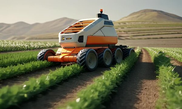 Agriculture tech autonomous vehicle traverses rows of crops in a field with hills in the background