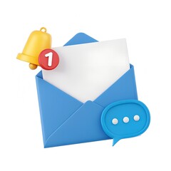 3D Email Notification Icon with Envelope, Bell Alert, and Chat Bubble. Isolated Communication Symbol for Messaging Apps, User Interface, Mobile Alerts, and Web Design