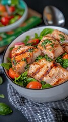Delicious grilled salmon fillets served over a vibrant mixed green salad with cherry tomatoes and a vibrant pesto dressing perfect for a healthy meal delivery service.