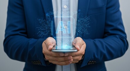 Conceptual portrayal of a business person utilizing AI on their smartphone device