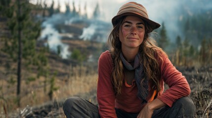 An environmental activist raising awareness about wildfire prevention and climate change,