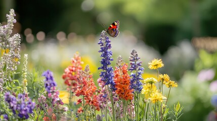 A vibrant butterfly garden with colorful flowers,