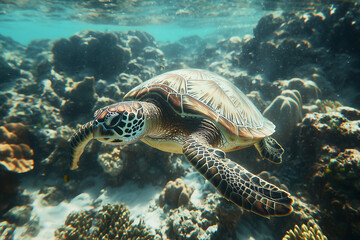 Obraz premium Sea turtle swims under water on the background of coral reefs. Maldives Indian Ocean coral reef. 