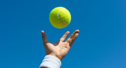 Upward reach hand with wristband towards a bright yellow tennis ball against blue sky