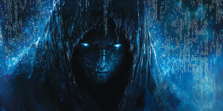 Dark blue digital art depicting a hooded figure, face partially visible, glowing with blue light, set against a background of cascading digital code